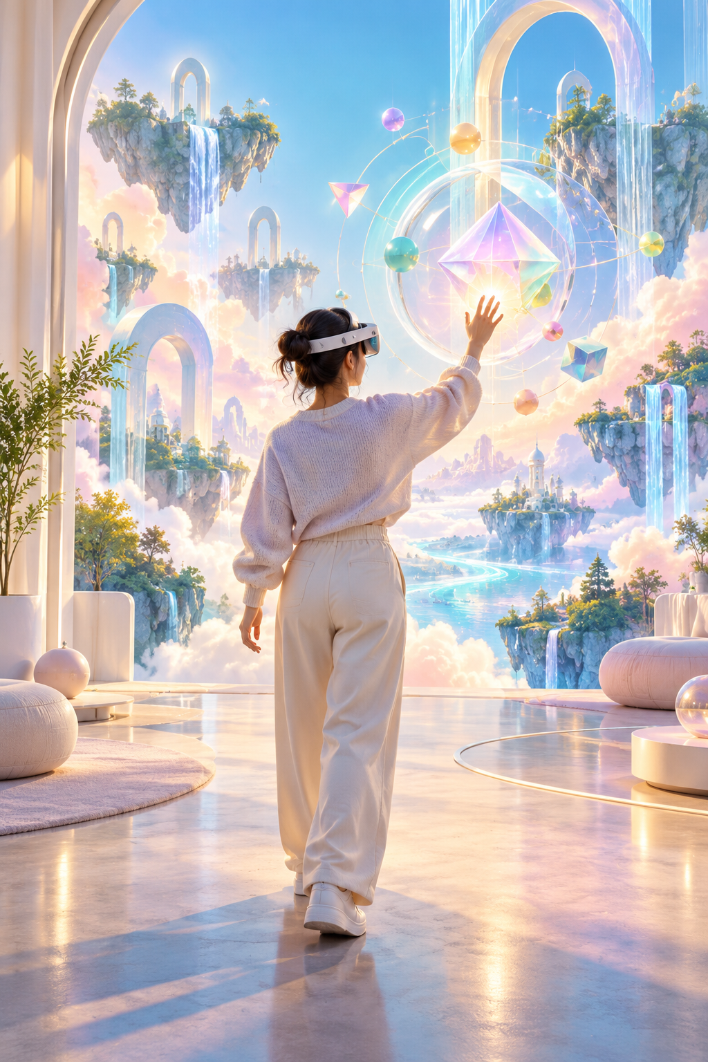 A person using a mixed-reality headset to interact with a glowing object in a surreal pastel world